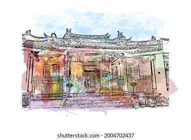 Building view with landmark of Hoi An is a city in Vietnam. Watercolor splash with hand drawn sketch illustration in vector.