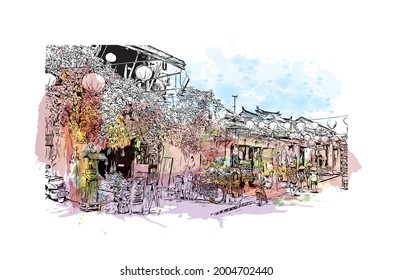 Building view with landmark of Hoi An is a city in Vietnam. Watercolor splash with hand drawn sketch illustration in vector.