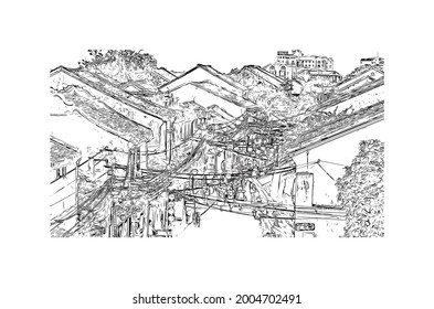 Building view with landmark of Hoi An is a city in Vietnam. Hand drawn sketch illustration in vector.