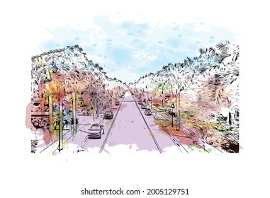 Building view with landmark of Hollywood is a city in Florida. Watercolor splash with hand drawn sketch illustration in vector.