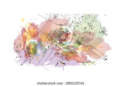Building view with landmark of Hollywood is a city in Florida. Watercolor splash with hand drawn sketch illustration in vector.
