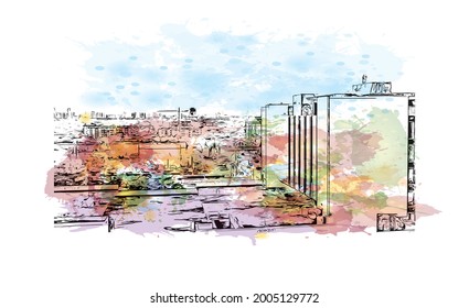 Building view with landmark of Hollywood is a city in Florida. Watercolor splash with hand drawn sketch illustration in vector.
