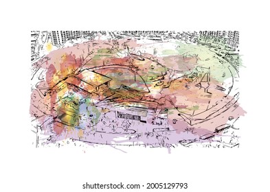 Building view with landmark of Hollywood is a city in Florida. Watercolor splash with hand drawn sketch illustration in vector.