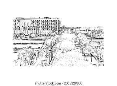 Building view with landmark of Hollywood is a city in Florida. Hand drawn sketch illustration in vector.
