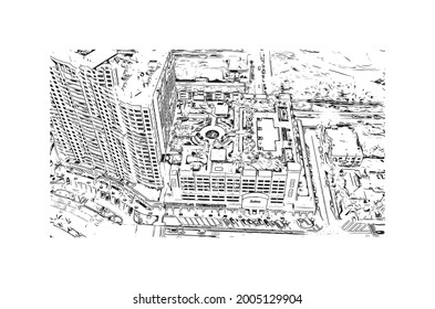 Building view with landmark of Hollywood is a city in Florida. Hand drawn sketch illustration in vector.