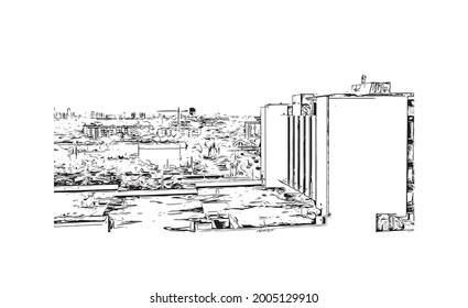 Building view with landmark of Hollywood is a city in Florida. Hand drawn sketch illustration in vector.