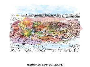 Building view with landmark of Hollywood is a city in Florida. Watercolor splash with hand drawn sketch illustration in vector.