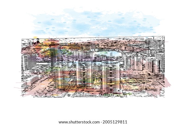 Building view with landmark of Hollywood is a\
city in Florida. Watercolor splash with hand drawn sketch\
illustration in\
vector.