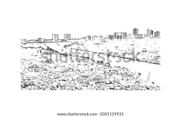 Building view with
landmark of Hollywood is a city in Florida. Hand drawn sketch
illustration in
vector.