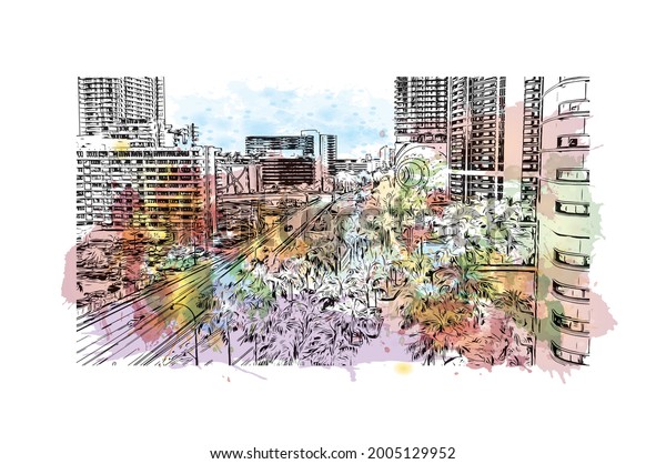 Building view with landmark of Hollywood is a\
city in Florida. Watercolor splash with hand drawn sketch\
illustration in\
vector.