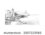 Building view with landmark of Hong Kong is the 
chinese special administrative region. Hand drawn sketch illustration in vector.