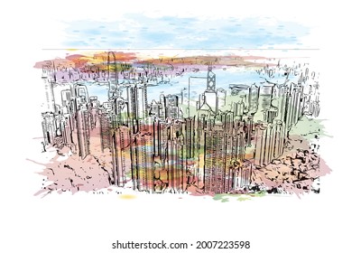 Building view with landmark of Hong Kong is the 
chinese special administrative region. Watercolor splash with hand drawn sketch illustration in vector.