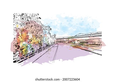 Building view with landmark of Hong Kong is the 
chinese special administrative region. Watercolor splash with hand drawn sketch illustration in vector.
