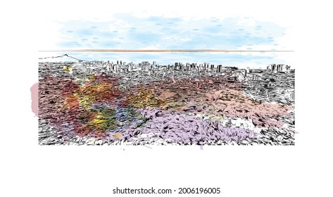 La vista de edificio con un punto de referencia de Honolulu es la 
ciudad de Hawái. Salto de color de agua con ilustración de esbozo dibujada a mano en vector.