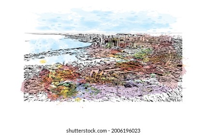 Building view with landmark of Honolulu is the 
city in Hawaii. Watercolor splash with hand drawn sketch illustration in vector.