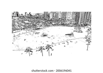Building view with landmark of Honolulu is the 
city in Hawaii. Hand drawn sketch illustration in vector.
