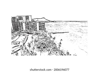 Building view with landmark of Honolulu is the 
city in Hawaii. Hand drawn sketch illustration in vector.