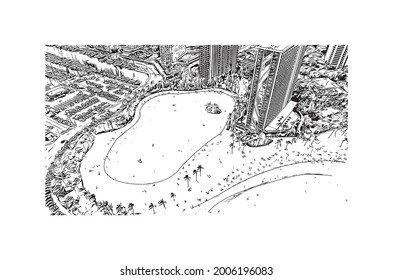 Building view with landmark of Honolulu is the 
city in Hawaii. Hand drawn sketch illustration in vector.
