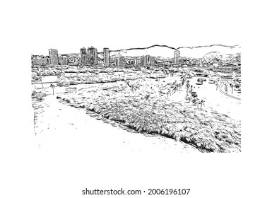 Building view with landmark of Honolulu is the 
city in Hawaii. Hand drawn sketch illustration in vector.