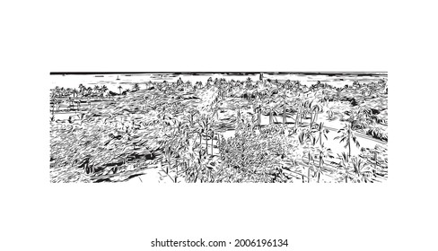 Building view with landmark of Honolulu is the 
city in Hawaii. Hand drawn sketch illustration in vector.