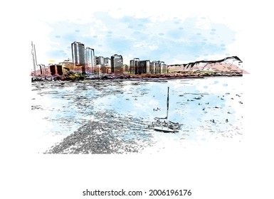 Building view with landmark of Honolulu is the 
city in Hawaii. Watercolor splash with hand drawn sketch illustration in vector.