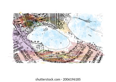Building view with landmark of Honolulu is the 
city in Hawaii. Watercolor splash with hand drawn sketch illustration in vector.