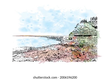 Building view with landmark of Honolulu is the 
city in Hawaii. Watercolor splash with hand drawn sketch illustration in vector.