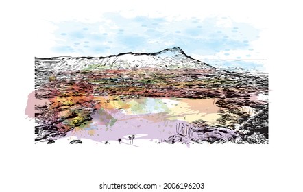 Building view with landmark of Honolulu is the 
city in Hawaii. Watercolor splash with hand drawn sketch illustration in vector.
