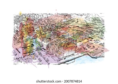 Building view with landmark of Horsens is the 
city in Denmark. Watercolor splash with hand drawn sketch illustration in vector.