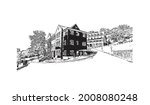 Building view with landmark of Hot Springs is a city in Arkansas. Hand drawn sketch illustration in vector.