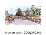 Building view with landmark of Hot Springs is a city in Arkansas. HWatercolor splash with hand drawn sketch illustration in vector.