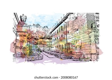 Building view with landmark of Hot Springs is a city in Arkansas. HWatercolor splash with hand drawn sketch illustration in vector.