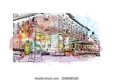 Building view with landmark of Hot Springs is a city in Arkansas. HWatercolor splash with hand drawn sketch illustration in vector.