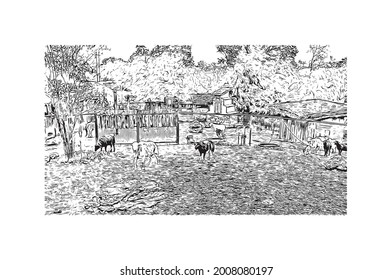 Building view with landmark of Hot Springs is a city in Arkansas. Hand drawn sketch illustration in vector.