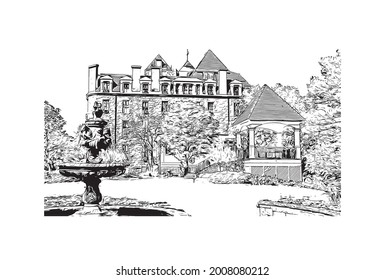 Building view with landmark of Hot Springs is a city in Arkansas. Hand drawn sketch illustration in vector.