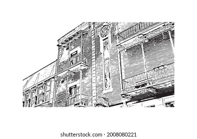 Building view with landmark of Hot Springs is a city in Arkansas. Hand drawn sketch illustration in vector.