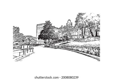 Building view with landmark of Hot Springs is a city in Arkansas. Hand drawn sketch illustration in vector.