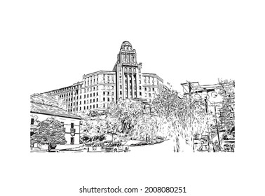 Building view with landmark of Hot Springs is a city in Arkansas. Hand drawn sketch illustration in vector.