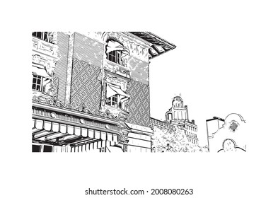 Building view with landmark of Hot Springs is a city in Arkansas. Hand drawn sketch illustration in vector.