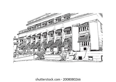 Building view with landmark of Hot Springs is a city in Arkansas. Hand drawn sketch illustration in vector.