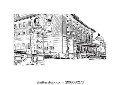 Building view with landmark of Hot Springs is a city in Arkansas. Hand drawn sketch illustration in vector.