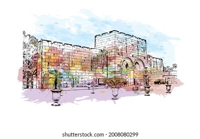Building view with landmark of Hot Springs is a city in Arkansas. HWatercolor splash with hand drawn sketch illustration in vector.