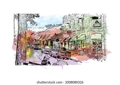 Building view with landmark of Hot Springs is a city in Arkansas. HWatercolor splash with hand drawn sketch illustration in vector.