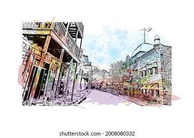 Building view with landmark of Hot Springs is a city in Arkansas. HWatercolor splash with hand drawn sketch illustration in vector.
