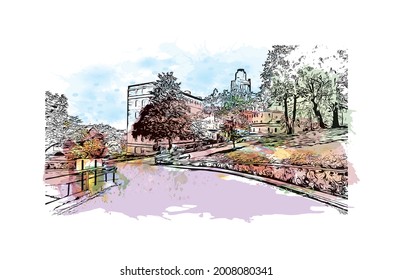 Building view with landmark of Hot Springs is a city in Arkansas. HWatercolor splash with hand drawn sketch illustration in vector.