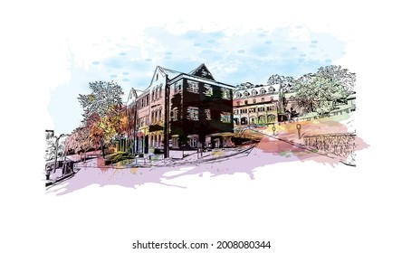 Building view with landmark of Hot Springs is a city in Arkansas. HWatercolor splash with hand drawn sketch illustration in vector.