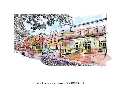 Building view with landmark of Hot Springs is a city in Arkansas. HWatercolor splash with hand drawn sketch illustration in vector.