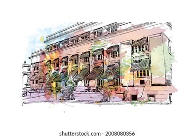 Building view with landmark of Hot Springs is a city in Arkansas. HWatercolor splash with hand drawn sketch illustration in vector.