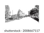 Building view with landmark of Houston is a large metropolis in Texas. Hand drawn sketch illustration in vector.