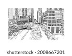 Building view with landmark of Houston is a large metropolis in Texas. Hand drawn sketch illustration in vector.